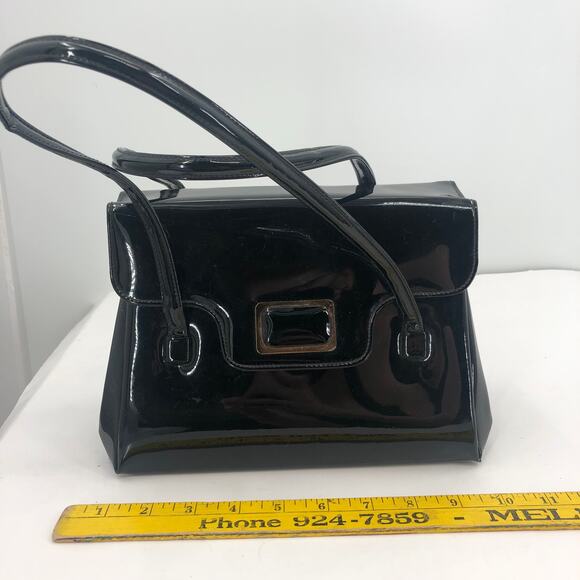 Vintage Lewis Women Handbag Purse Shiny Patent Leather 3 Compartment Black OS - Picture 3 of 13